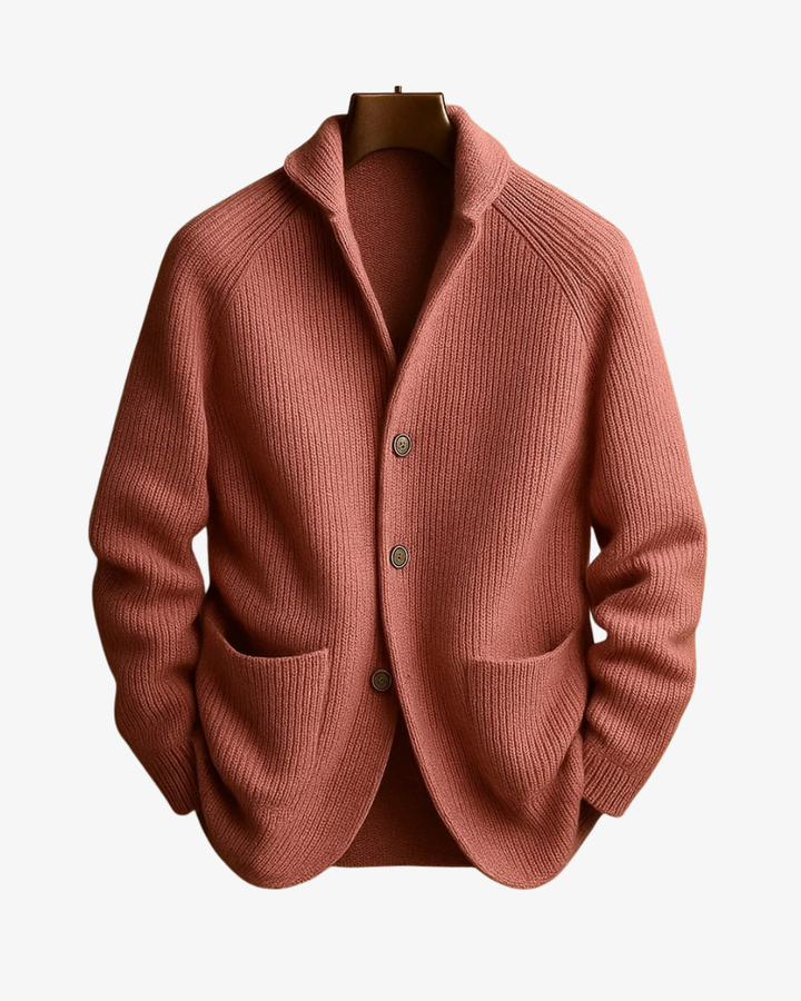 Classic men's tailored grey cardigan, button-front design for elegant and professional layering.