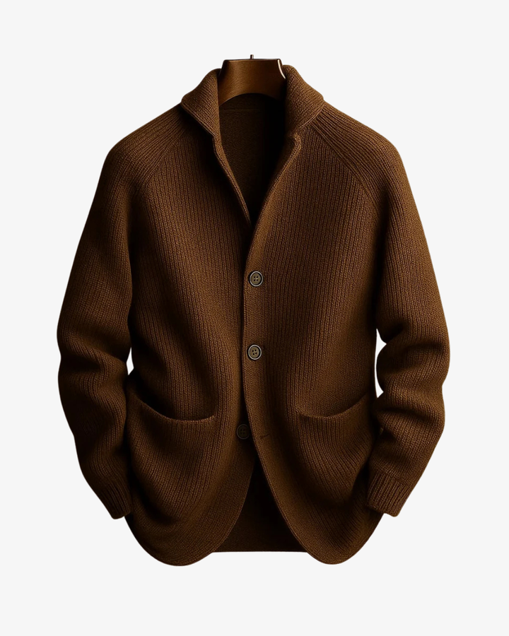Professional black tailored men's cardigan, versatile for office wear or sophisticated everyday layering.