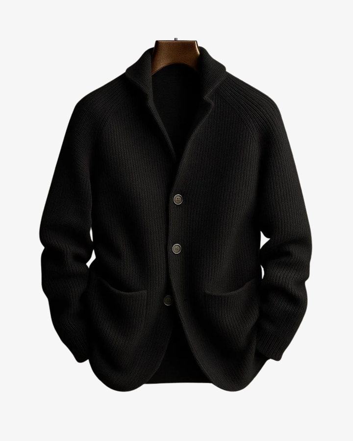 Stylish white men's tailored cardigan with buttons, ideal for clean and elegant layering outfits.