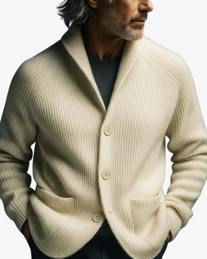 Button-front tailored brown cardigan for men, an elegant and versatile piece for polished smart casual fashion.