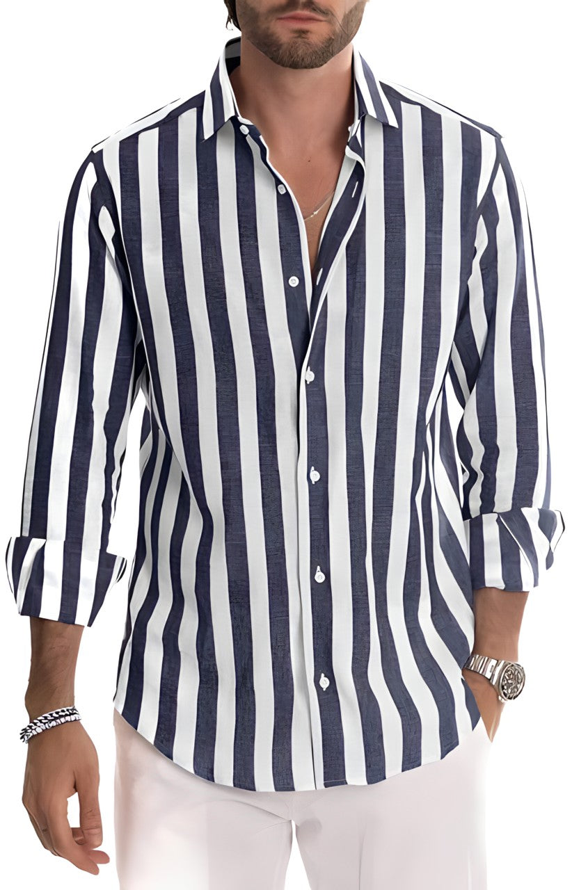 Breathable striped men's shirt, an essential lightweight top for effortless summer fashion and comfort.