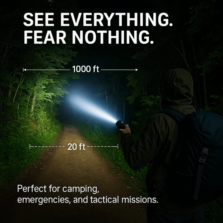 "100000 lumen tactical flashlight with LED, sturdy black aluminum body, LCD power display, ideal for outdoor use."