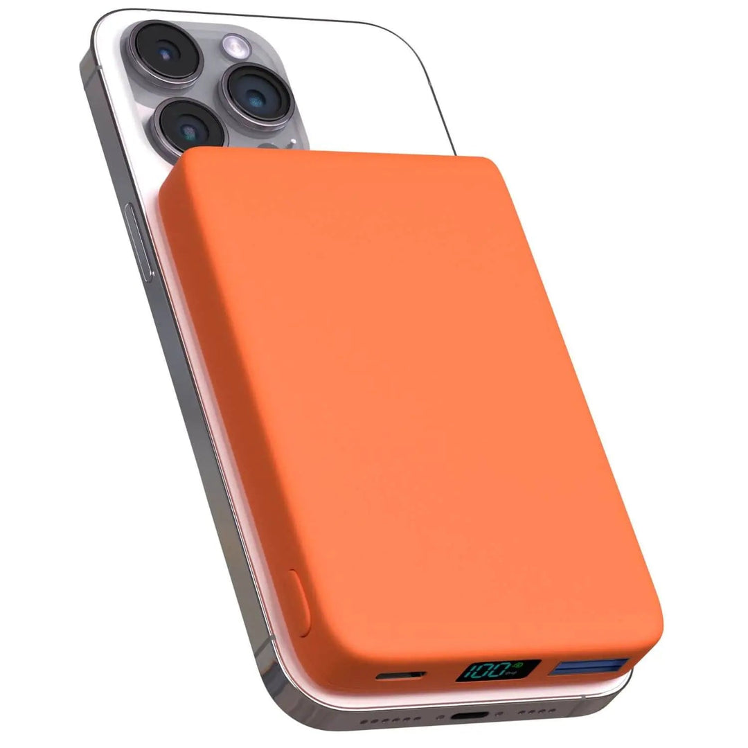 "10,000mAh MagSafe power bank for iPhone, sleek design, wireless charging, vibrant colors, portable, lightweight."