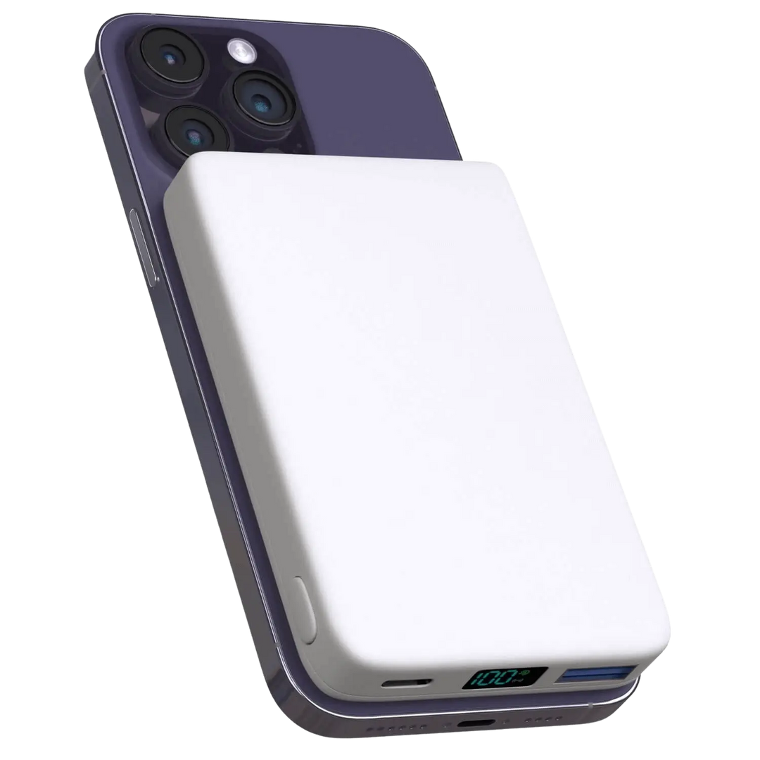 "10,000mAh MagSafe power bank for iPhone, sleek design, wireless charging, vibrant colors, portable, lightweight."