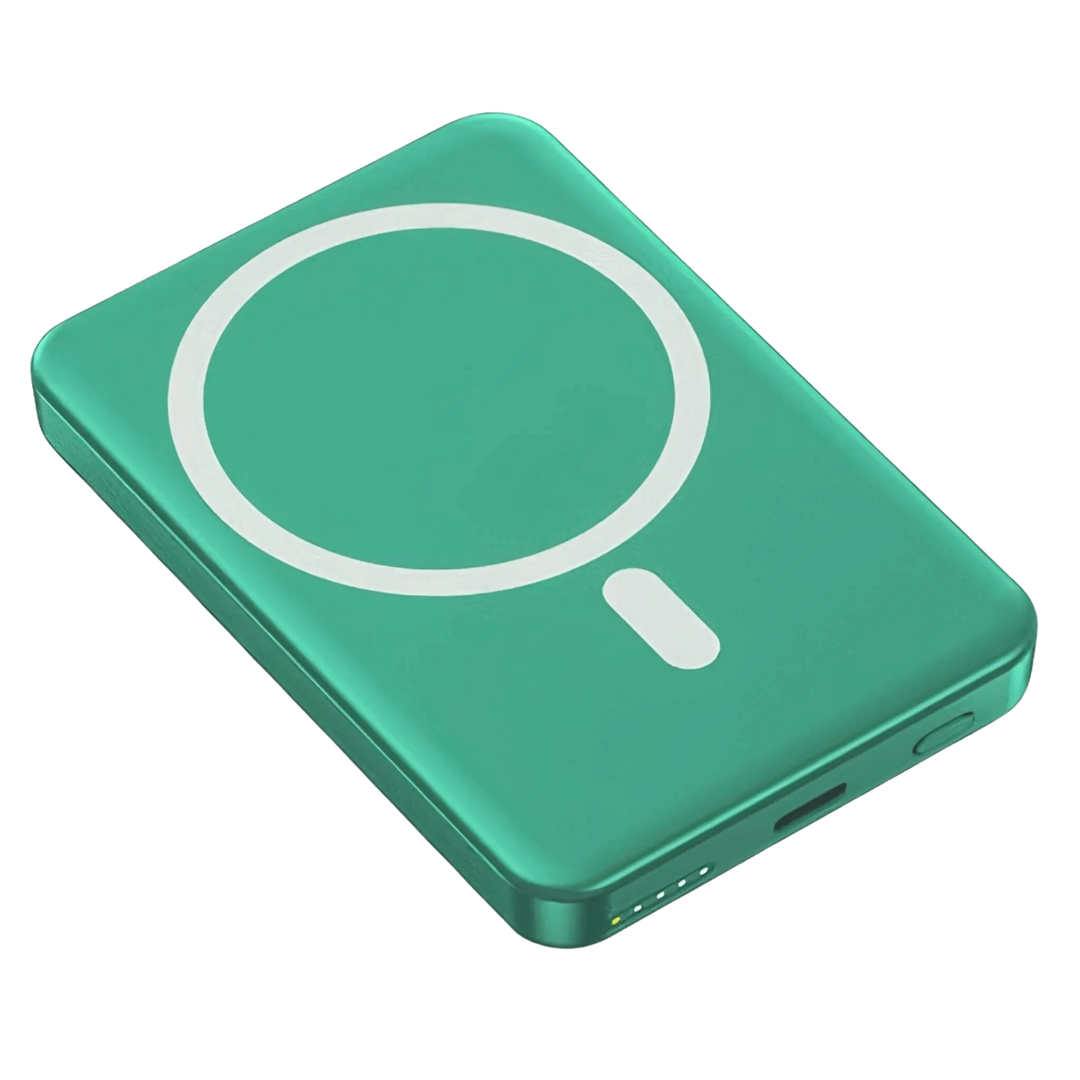 "10,000mAh MagSafe power bank for iPhone, sleek design, wireless charging, vibrant colors, portable, lightweight."