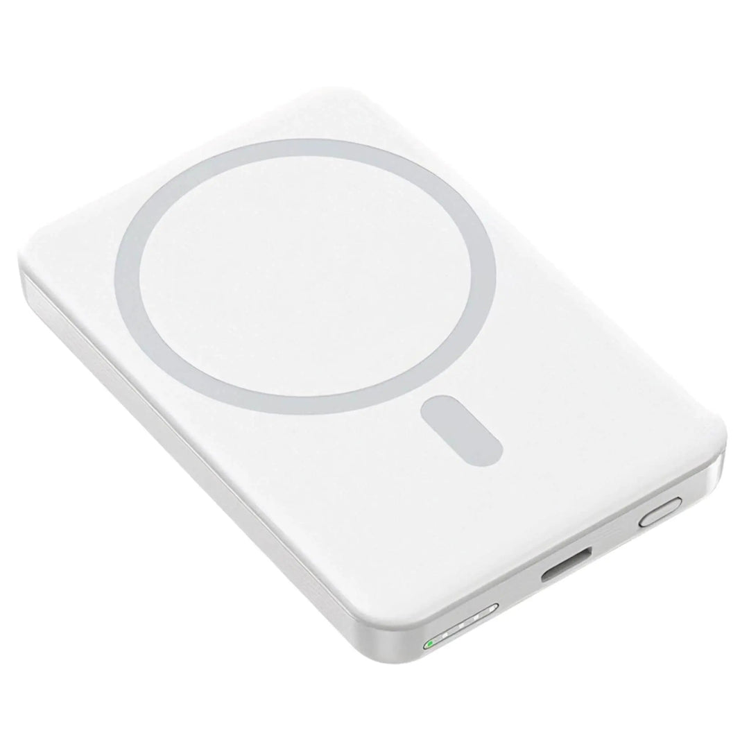 "10,000mAh MagSafe power bank for iPhone, sleek design, wireless charging, vibrant colors, portable, lightweight."