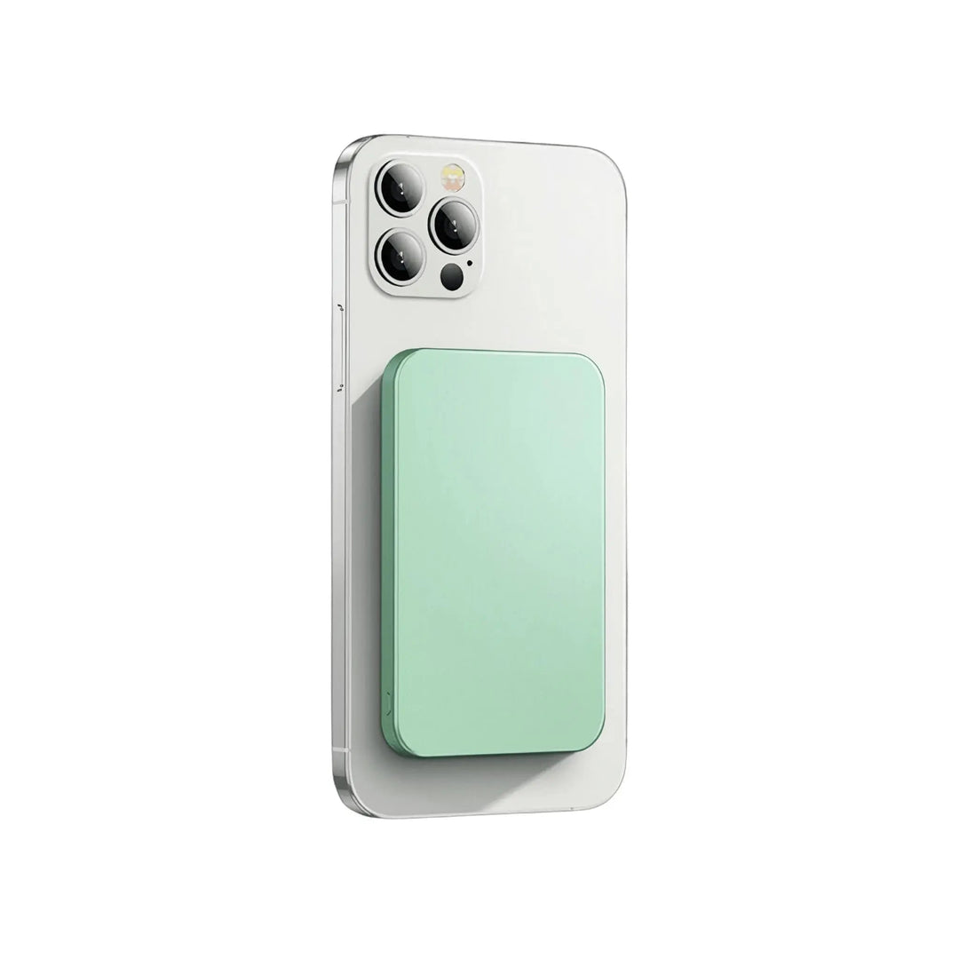 "10,000mAh MagSafe power bank for iPhone, sleek design, wireless charging, vibrant colors, portable, lightweight."