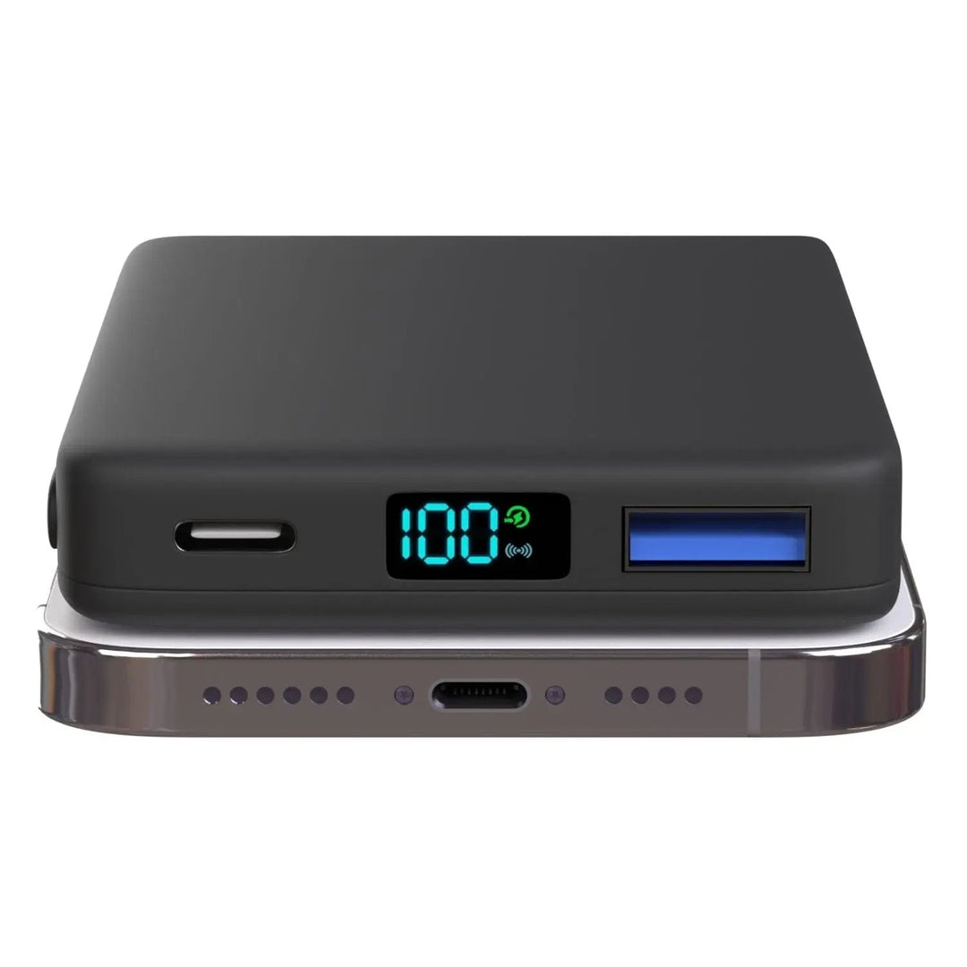 "10,000mAh MagSafe power bank for iPhone, sleek design, wireless charging, vibrant colors, portable, lightweight."