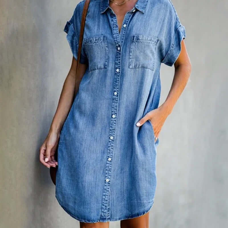 Women's chic long-sleeve midi denim dress, perfect for versatile everyday wear & casual style.