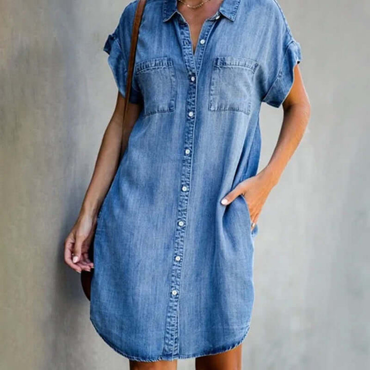 Women's chic long-sleeve midi denim dress, perfect for versatile everyday wear & casual style.