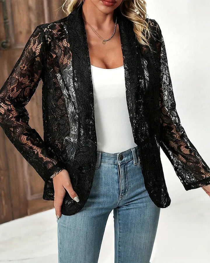 Versatile women's elegant coat with floral lace collar, suitable for spring and summer everyday wear.