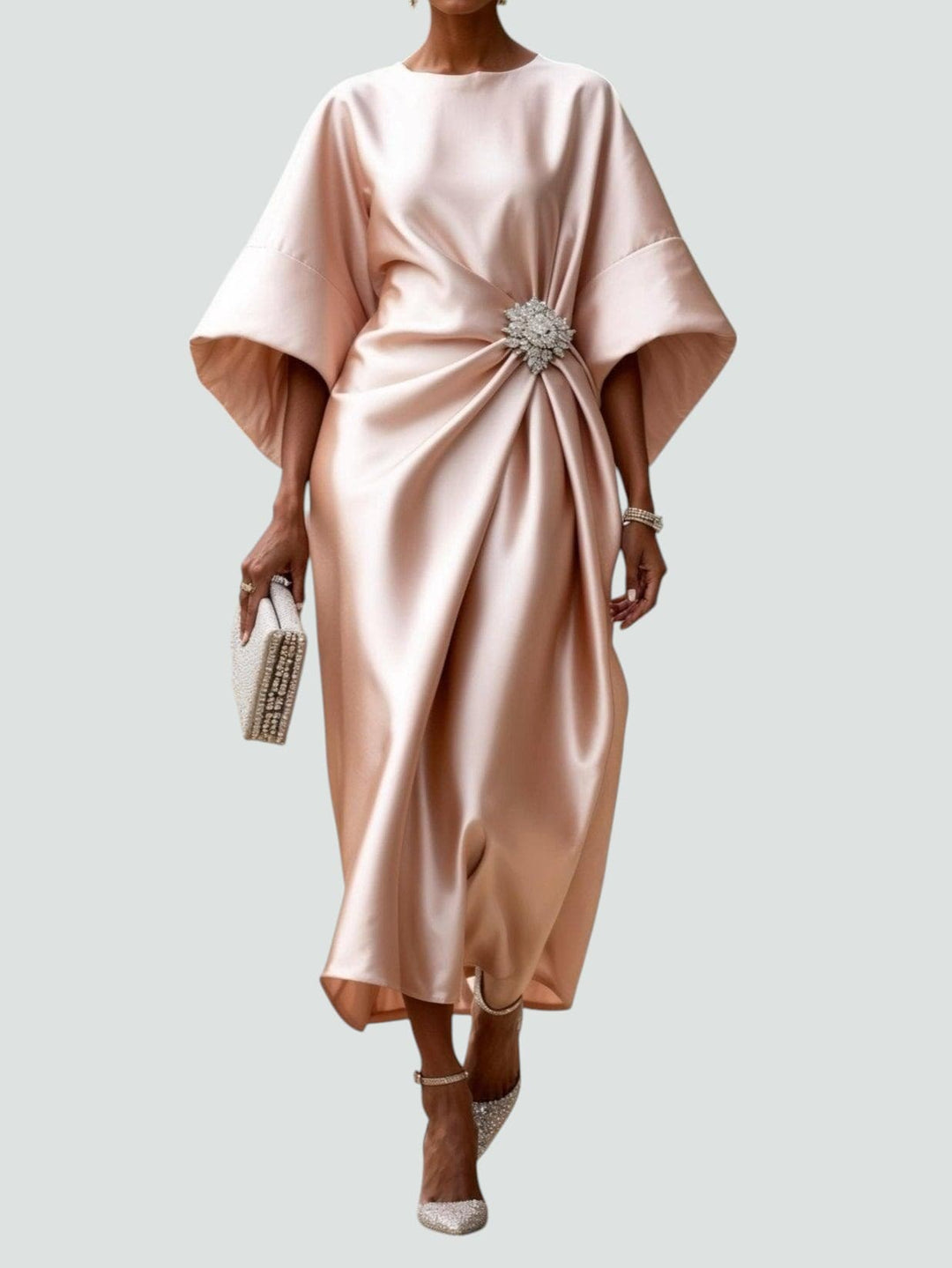 All-season women's elegant midi dress featuring graceful kimono sleeves and a shimmering crystal brooch accent.