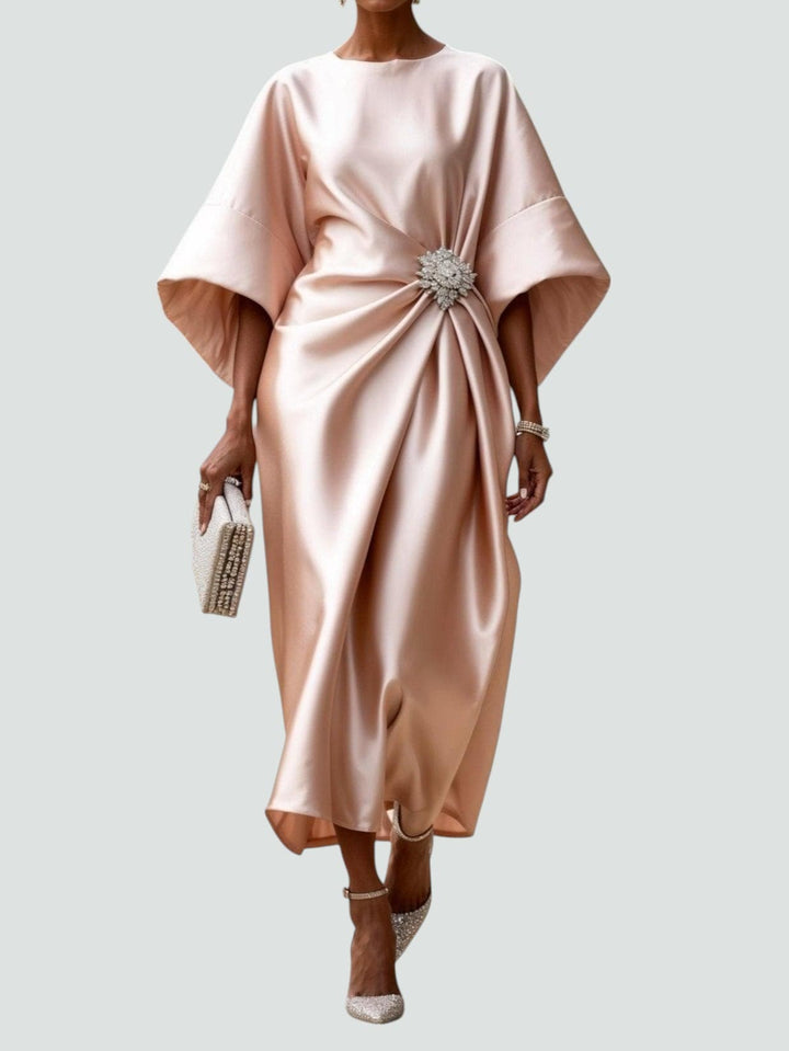 All-season women's elegant midi dress featuring graceful kimono sleeves and a shimmering crystal brooch accent.