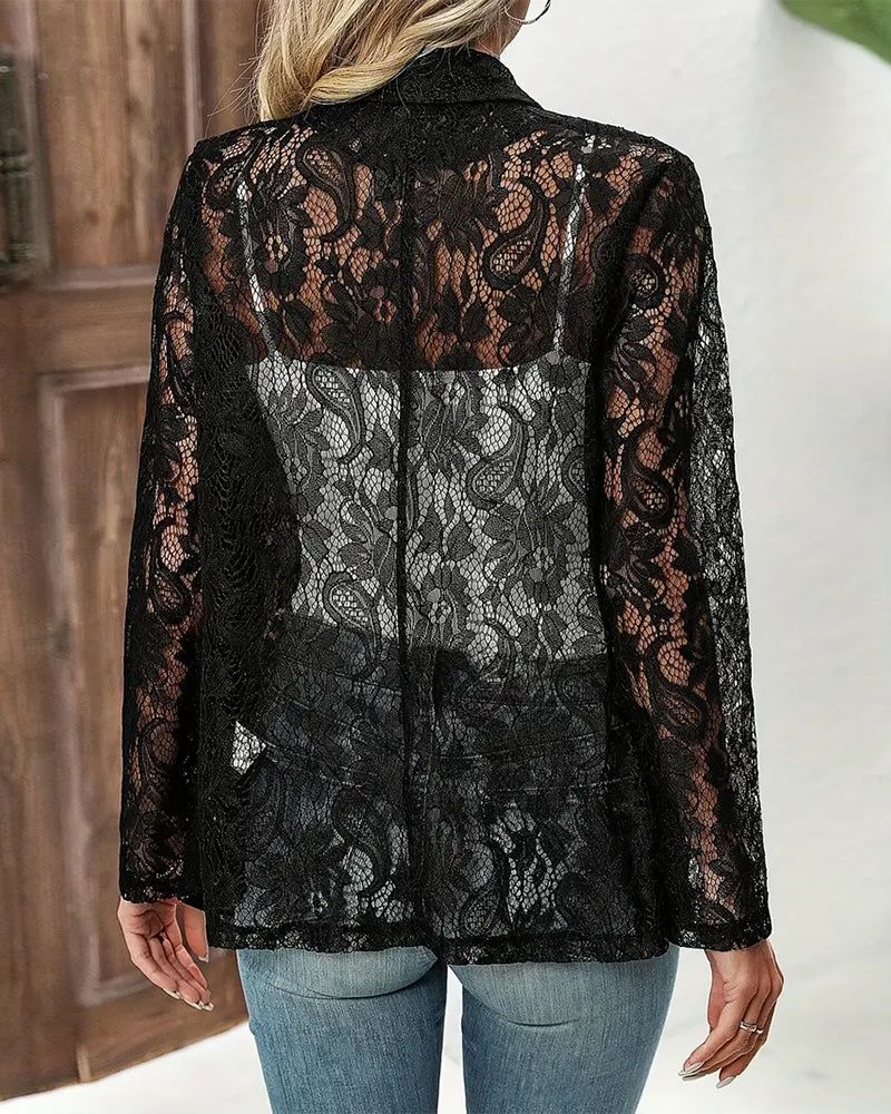 Chic women's elegant long sleeve coat, detailed with a beautiful floral lace lapel collar.