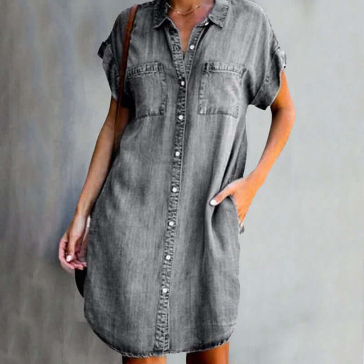 Effortless women's denim midi dress with long sleeves, ideal for all-season casual fashion.