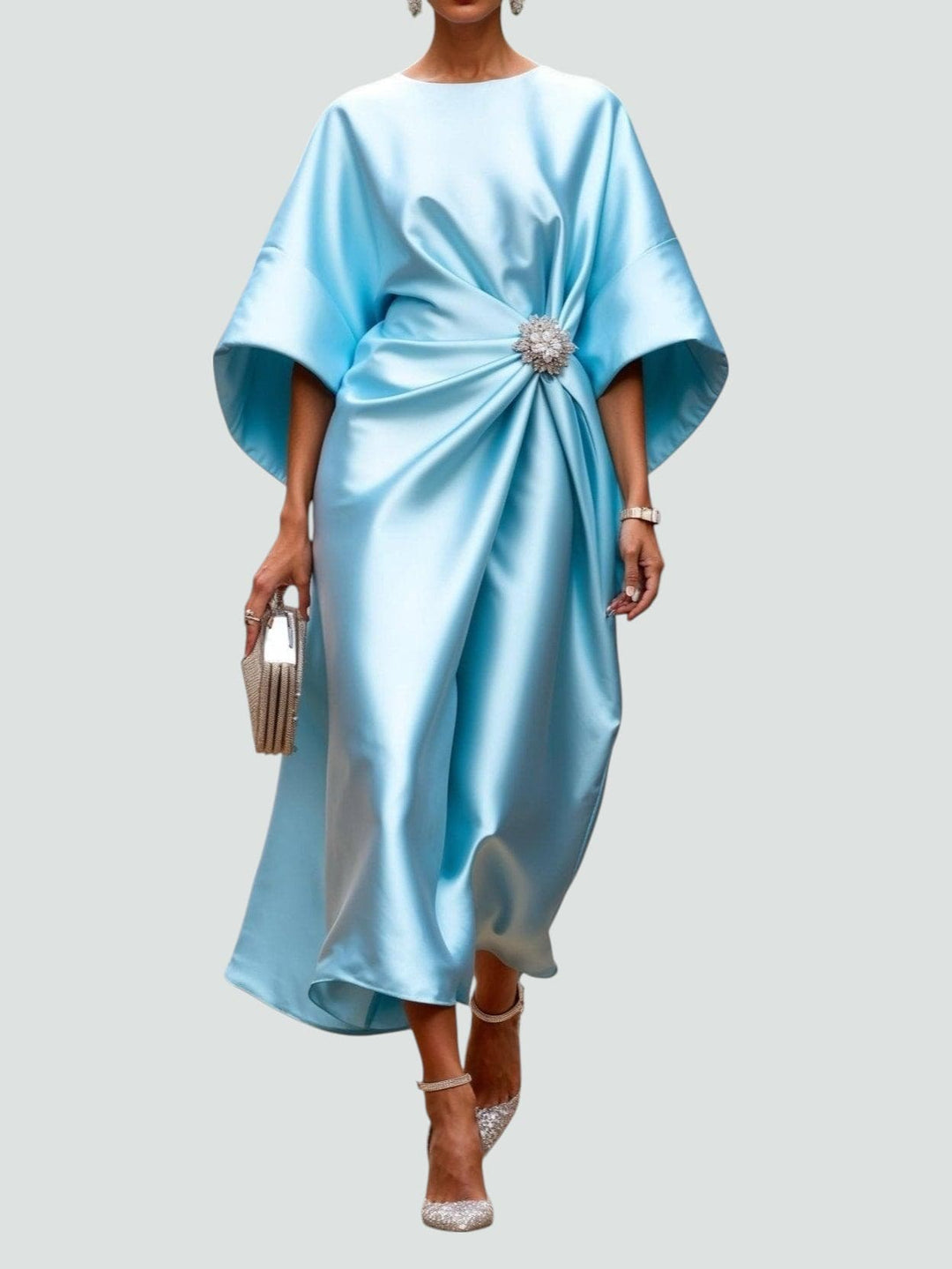 Women's formal midi dress with elegant kimono sleeves & a chic crystal brooch; ideal for evening wear.