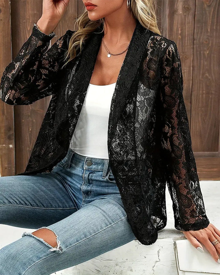 Modern elegant women's coat, long sleeve, with a beautiful floral lace lapel collar for chic style.