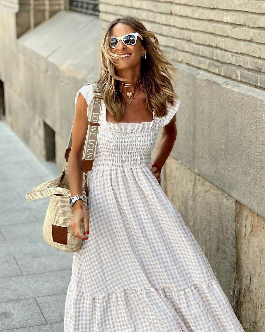 Stylish women's elegant plaid smocked maxi dress. Ruffled details, comfortable & versatile for spring/summer.