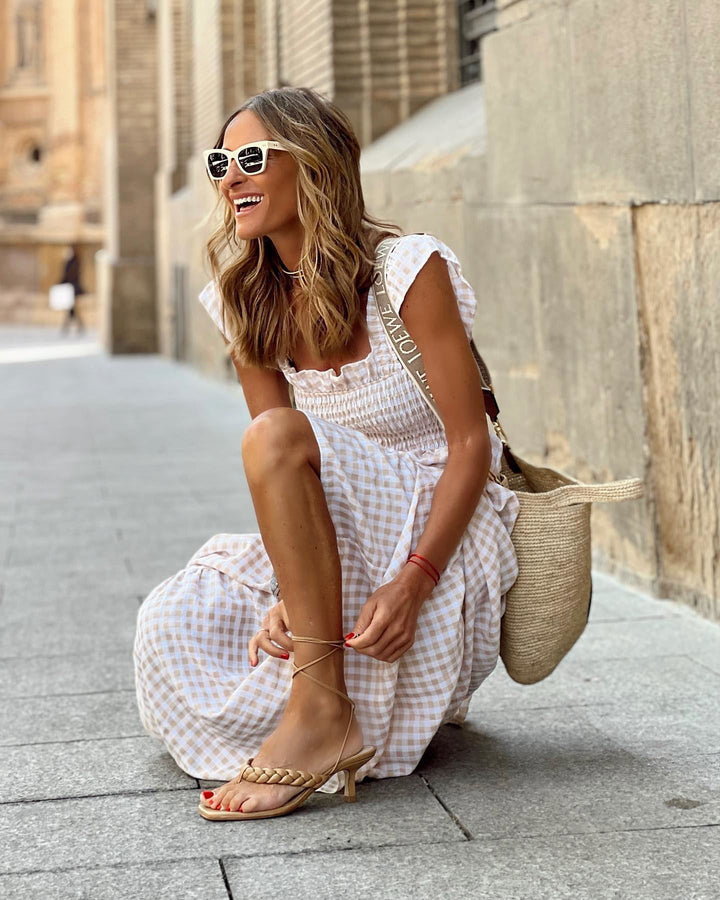 Women's versatile plaid smocked maxi dress. Feminine, long & comfortable for elegant summer & spring wear.