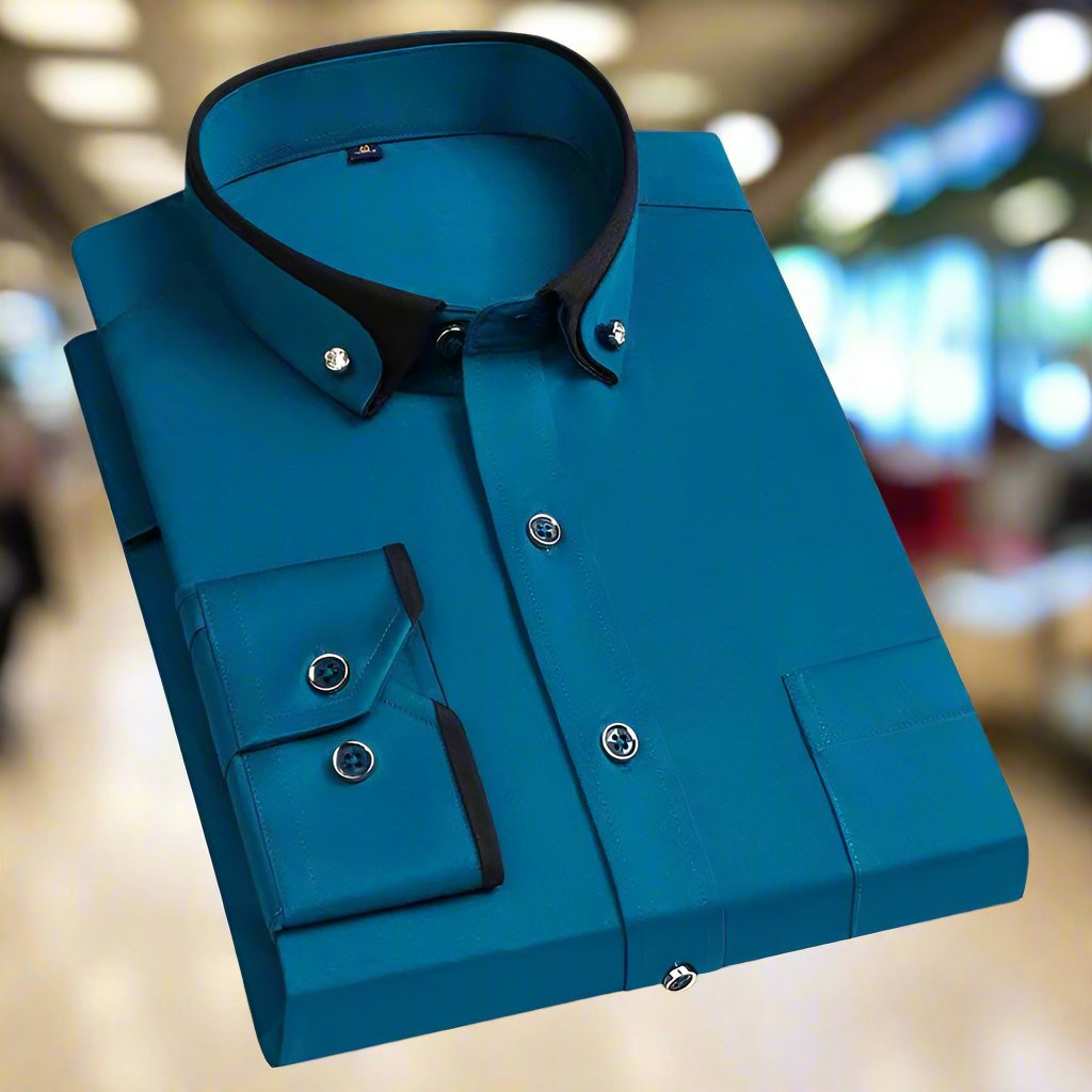 Tailored men's long-sleeve button-up shirt, exuding classic style suitable for business and office environments.