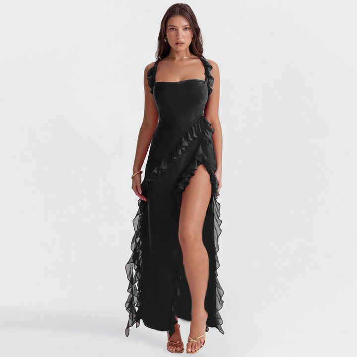 Stylish women's formal midi dress with an elegant slit, perfect for sophisticated occasions or a chic wedding guest outfit.