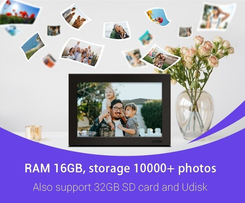 10.1-Inch HD touchscreen WiFi digital photo frame displaying vibrant images, ideal for showcasing memories with modern featur