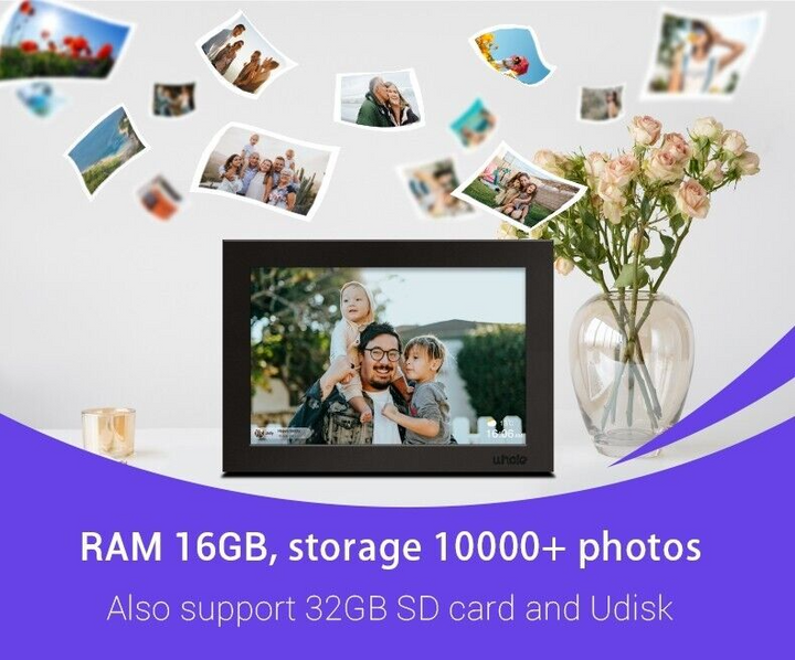10.1-Inch HD touchscreen WiFi digital photo frame displaying vibrant images, ideal for showcasing memories with modern featur