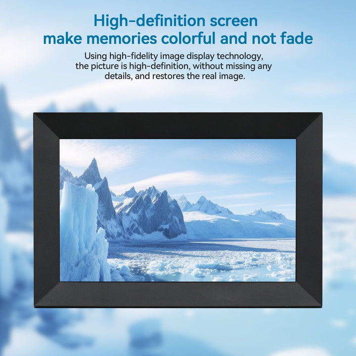 10.1-Inch HD touchscreen WiFi digital photo frame displaying vibrant images, ideal for showcasing memories with modern featur