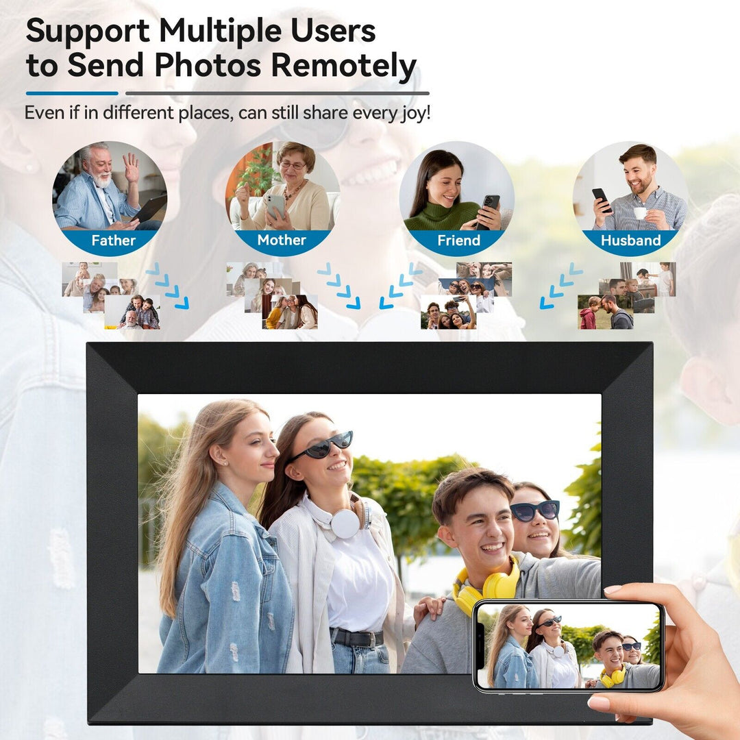 10.1-Inch HD touchscreen WiFi digital photo frame displaying vibrant images, ideal for showcasing memories with modern featur