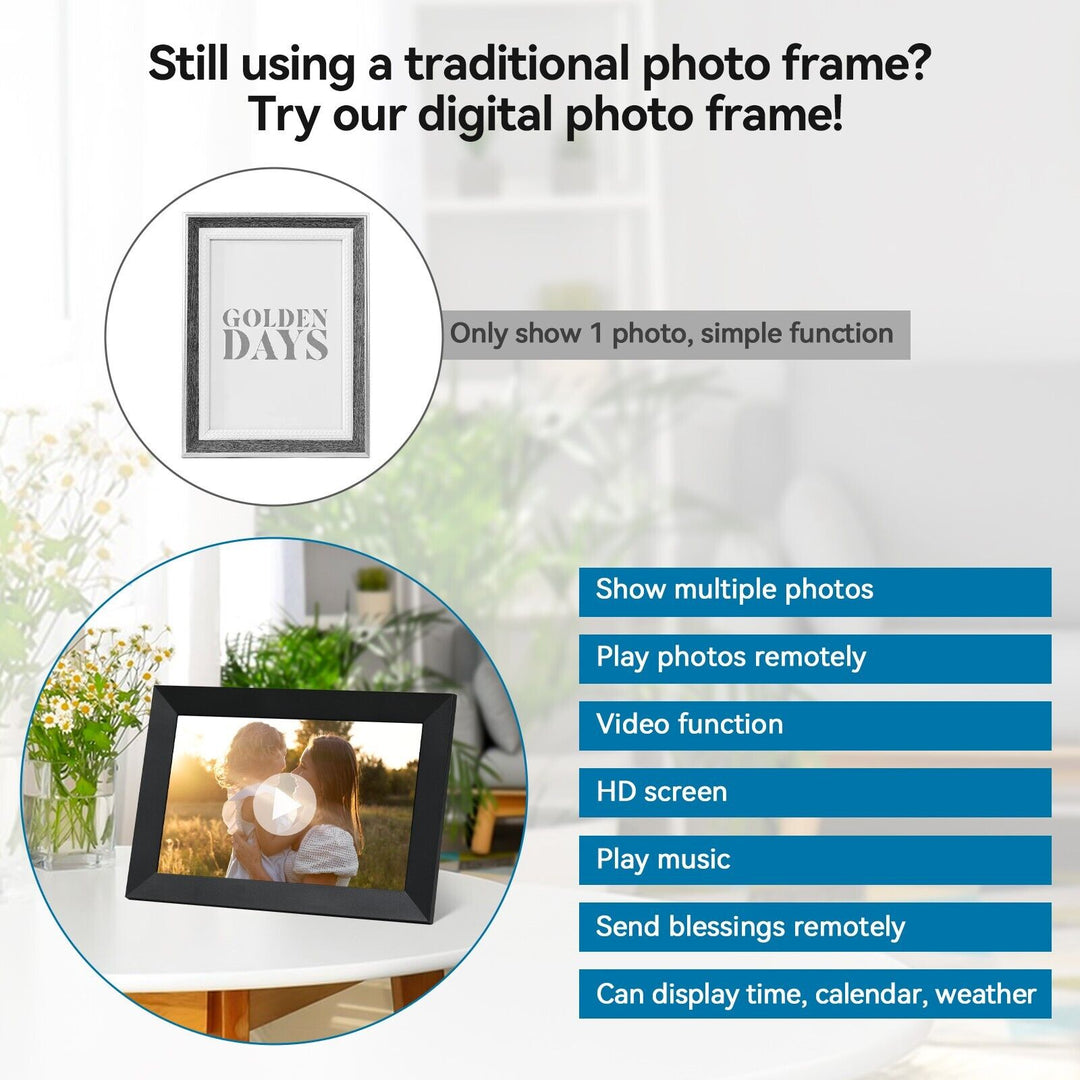 10.1-Inch HD touchscreen WiFi digital photo frame displaying vibrant images, ideal for showcasing memories with modern featur