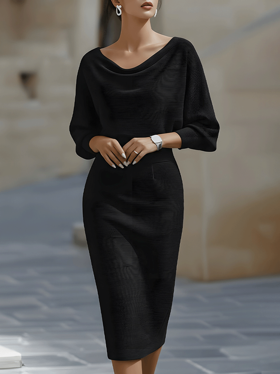 Women's sophisticated batwing midi dress with elegant draping and a modern classic style.