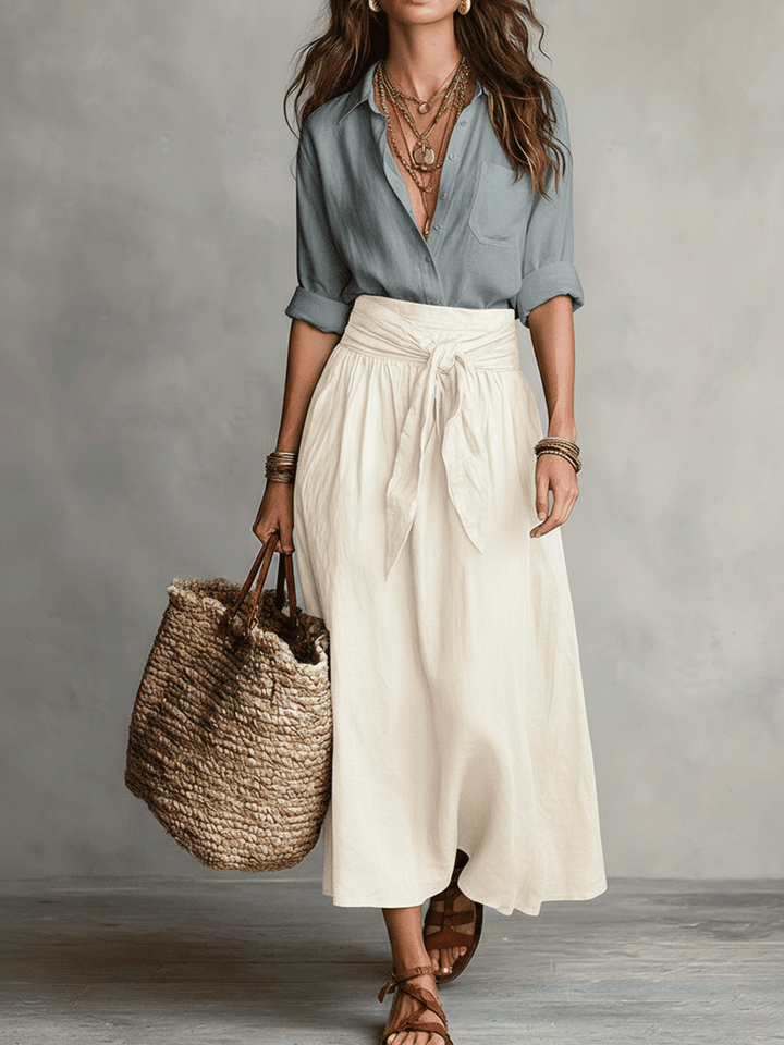 Stylish women's casual chic co-ord set, featuring a bohemian top and matching flowing skirt.