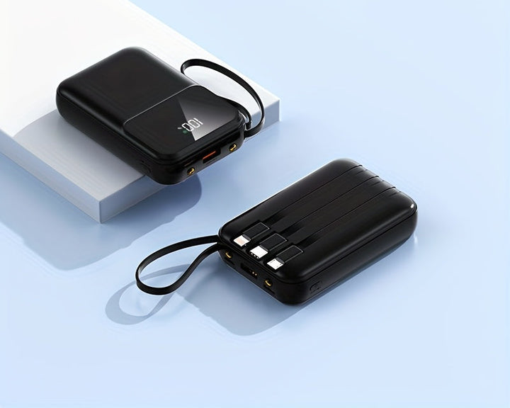 Compact 10000mAh portable charger, fast charging, built-in cables for effortless on-the-go power.