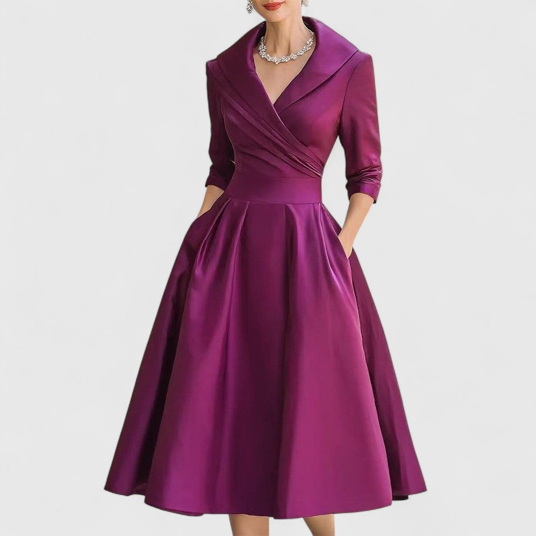 Red party midi dress for women, designed with a V-neck, 3/4 sleeves, flattering fit, and pockets.