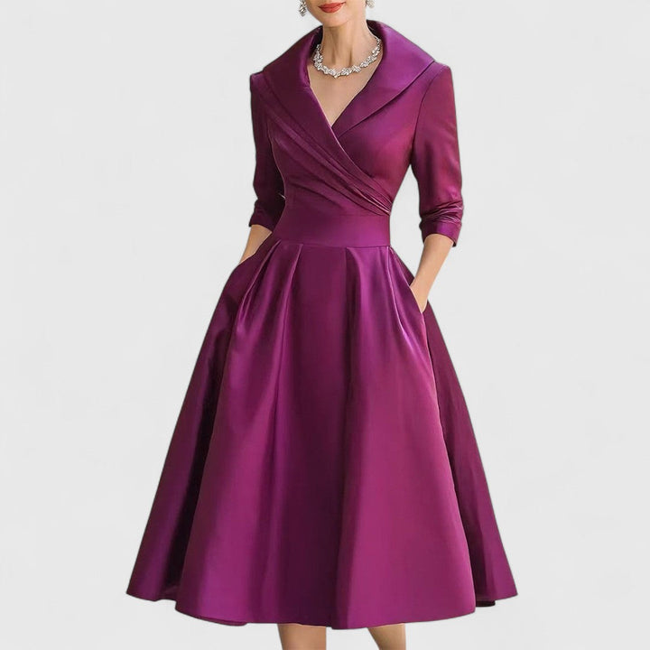Red party midi dress for women, designed with a V-neck, 3/4 sleeves, flattering fit, and pockets.