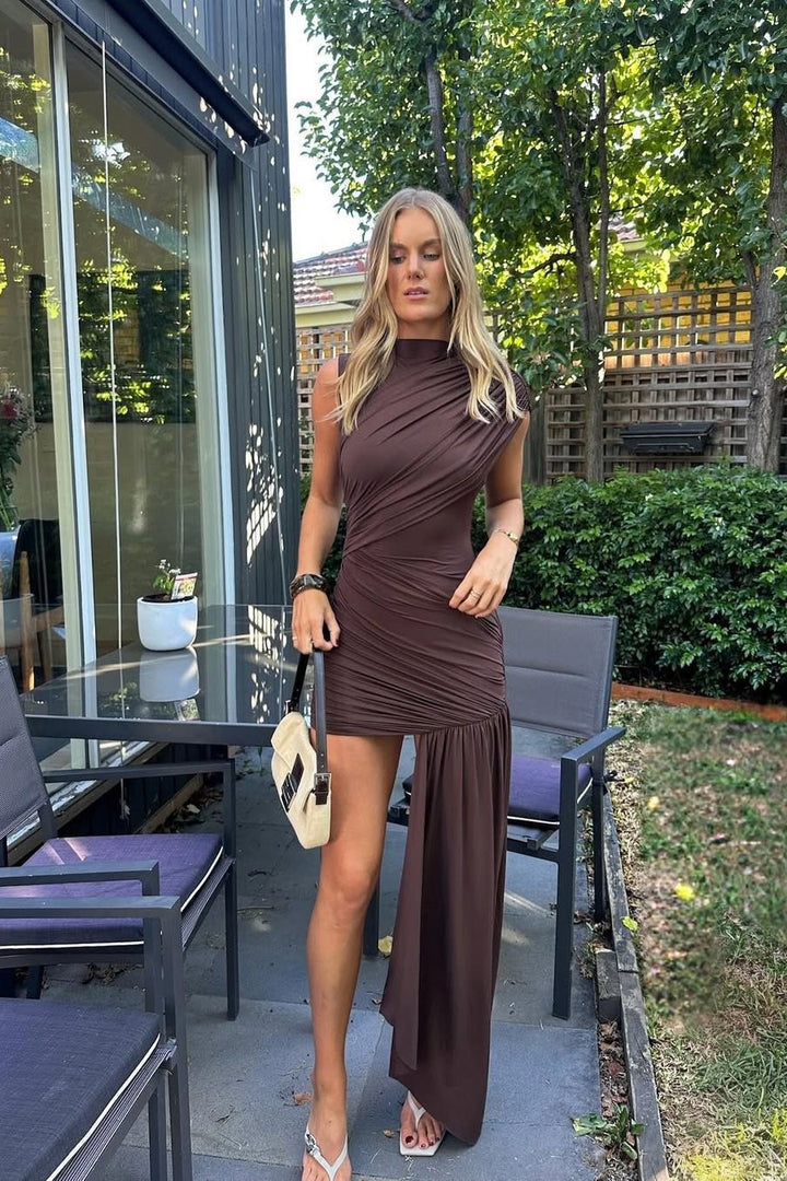 Women's brown elegant high neck ruched bodycon mini dress, featuring a draped design for sophisticated style.