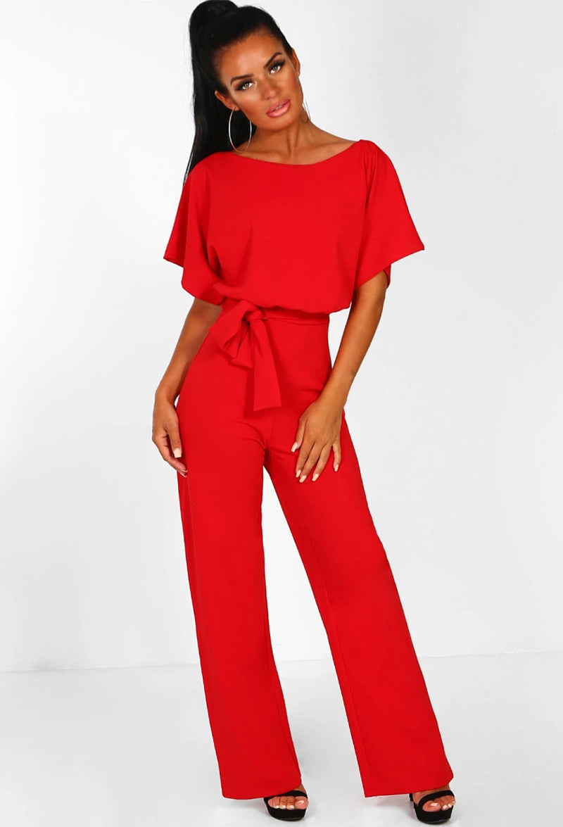 Front view of a women's elegant wide-leg jumpsuit, featuring a flattering silhouette and chic tied waist.
