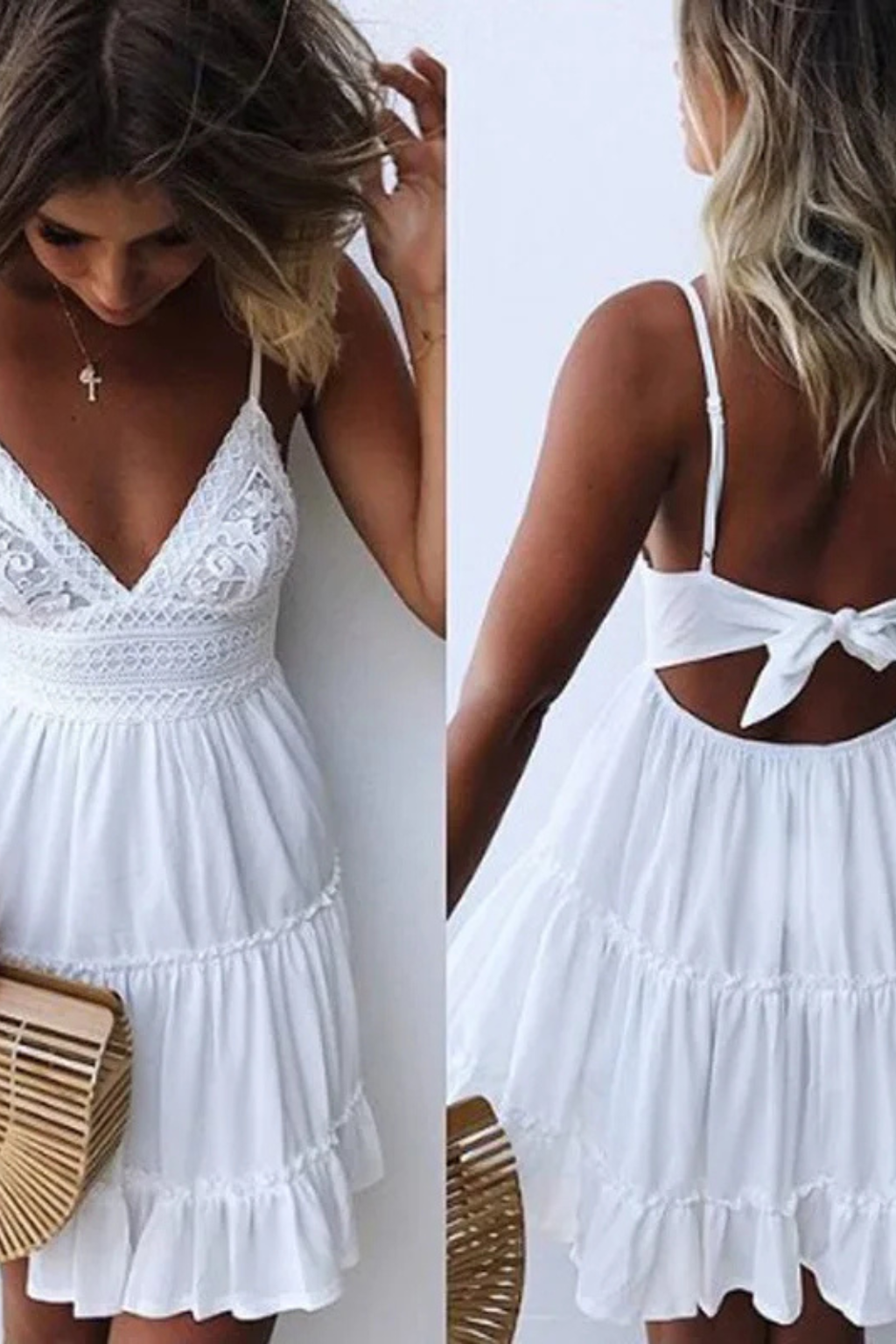 Vibrant flowy tiered mini dress for women, featuring thin spaghetti straps & alluring open back.