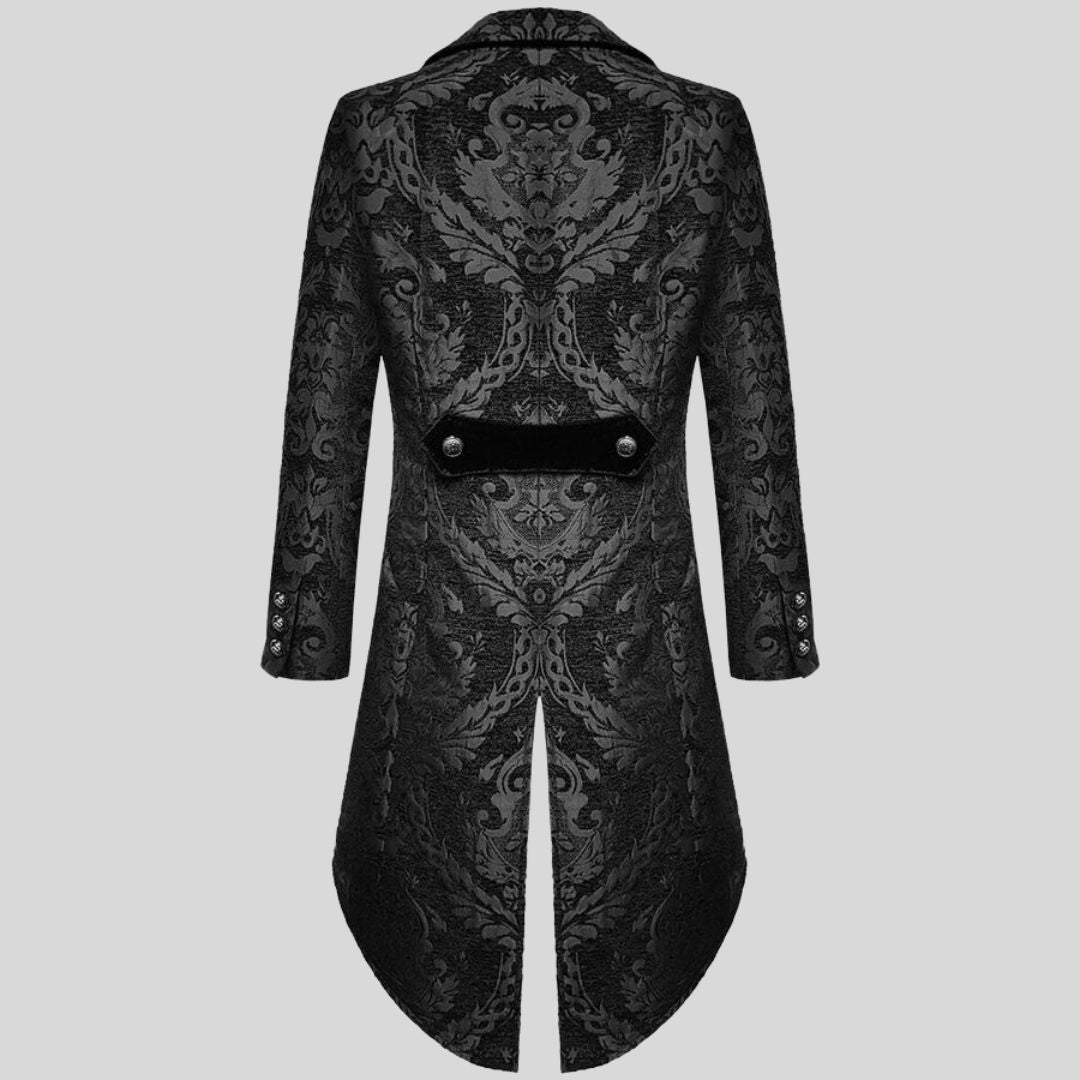 Women's black Victorian tailcoat jacket with elegant embossed design, perfect for gothic or steampunk formal wear.