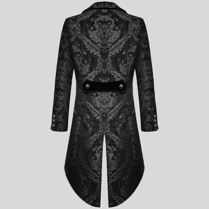 Women's black Victorian tailcoat jacket with elegant embossed design, perfect for gothic or steampunk formal wear.