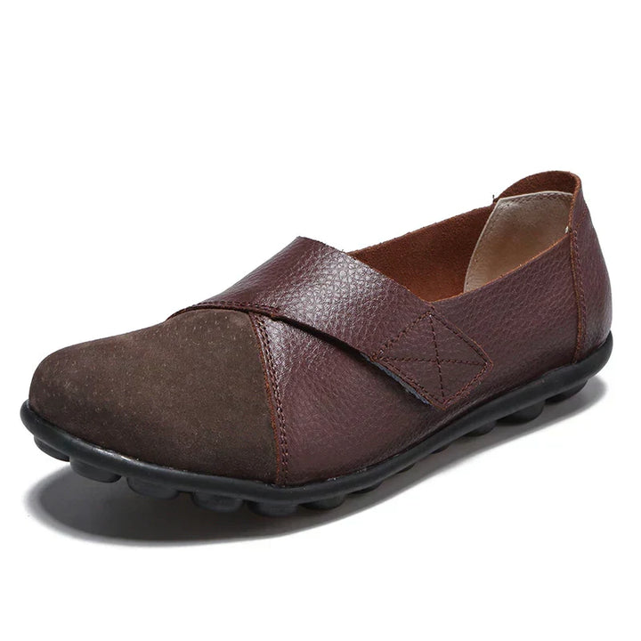 Unisex everyday comfort shoes: flat slip-ons, round toe, with attractive stitched paneled design.