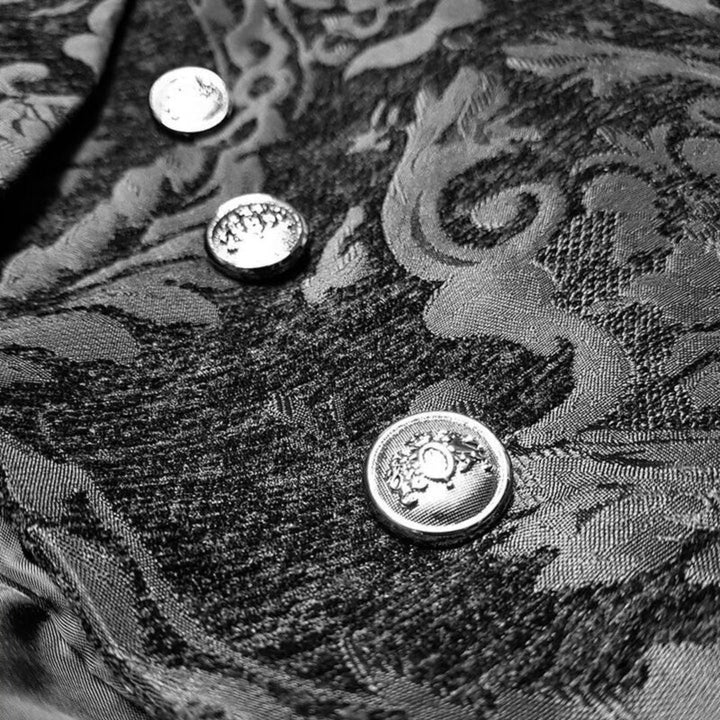 Black women's tailcoat jacket featuring a unique embossed Victorian design, stylish and sophisticated gothic outerwear.