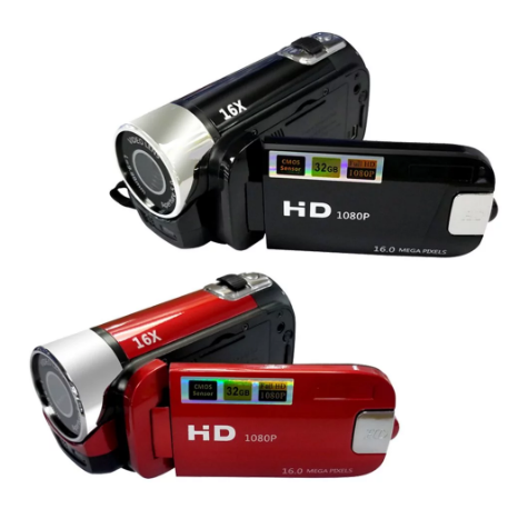 "1080P Full HD vlogging camera in black and red, with night shoot, anti-shake and built-in LED light for clear video."