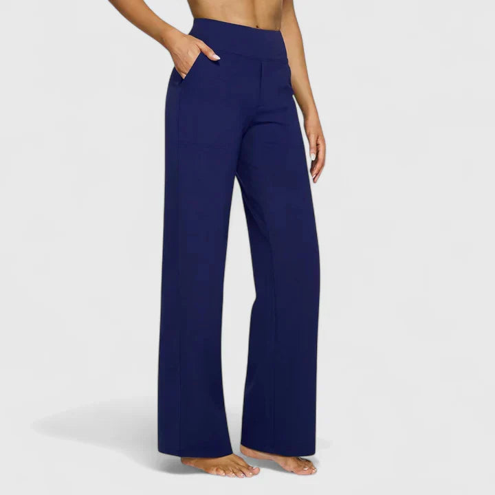 Model wearing elegant straight leg women's trousers, paired for a chic work or casual look.