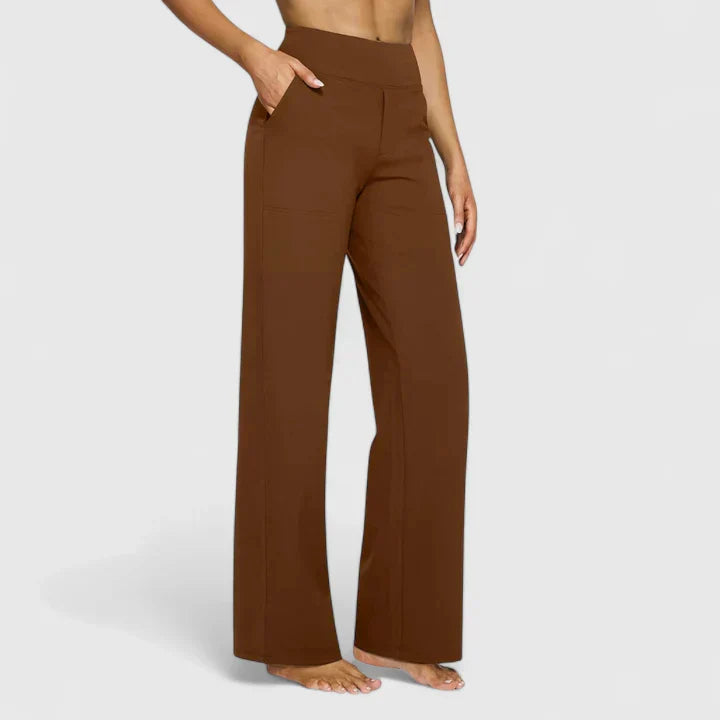 Back view of women's elegant straight leg trousers, comfortable with a sleek, stylish fit.