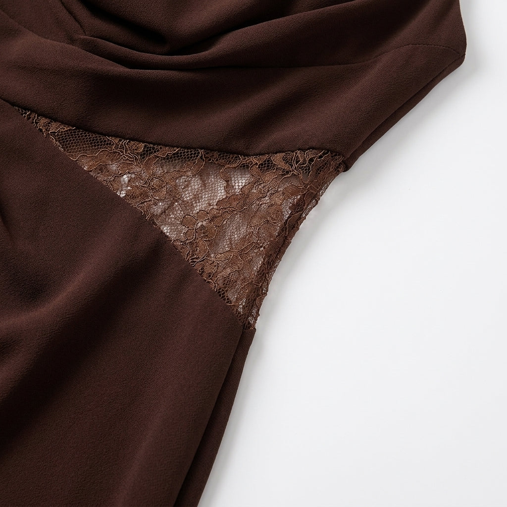 Intricate lace halter maxi dress in a beautiful brown hue, a chic option for elegant women.