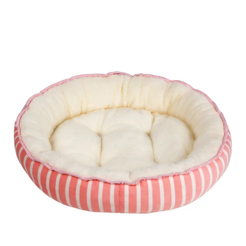 Plush round cat bed designed for anxiety relief & deep sleep. Super soft, comfy, and washable pet bed.