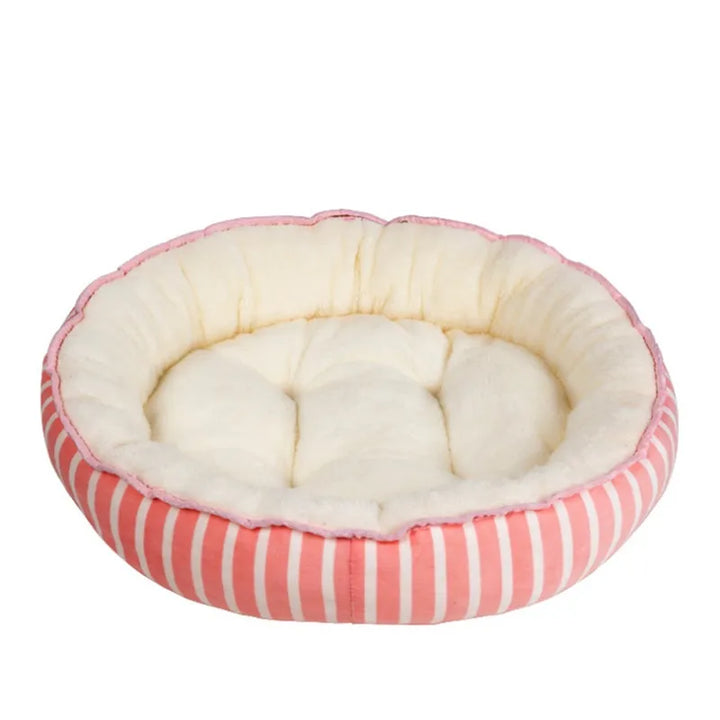 Plush round cat bed designed for anxiety relief & deep sleep. Super soft, comfy, and washable pet bed.