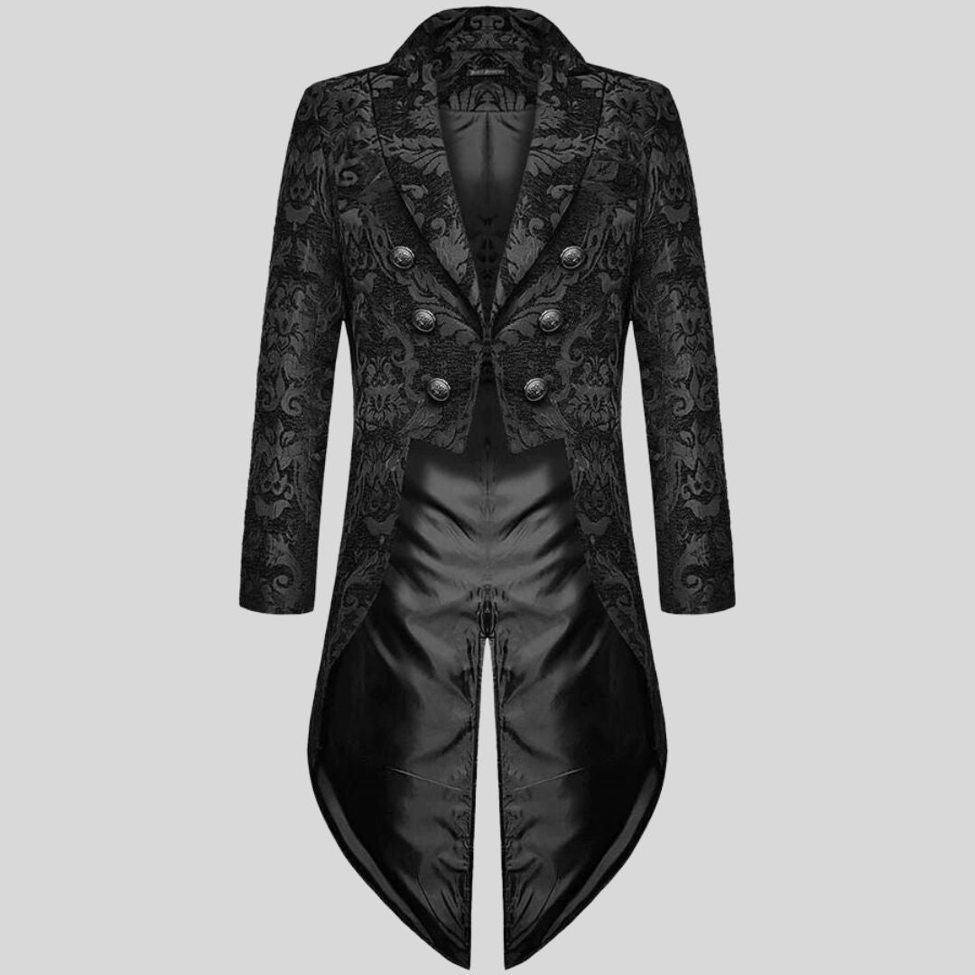 Women's elegant black Victorian tailcoat with intricate embossed patterns, a sophisticated piece for formal and gothic styles.