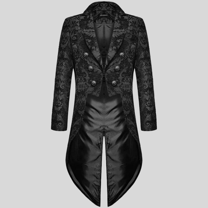 Women's elegant black Victorian tailcoat with intricate embossed patterns, a sophisticated piece for formal and gothic styles.